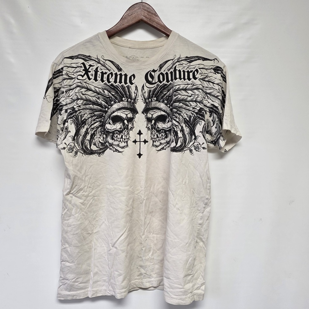 XTREME COUTURE RANDY White Indian Skull Distressed T SHIRT LARGE UFC MMA Vintage